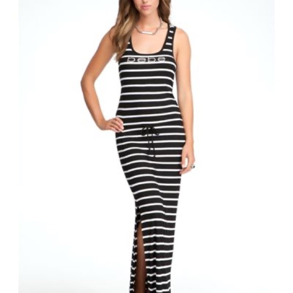 Bebe black and white ribbed side slit size large Striped Maxi Dress Y2K